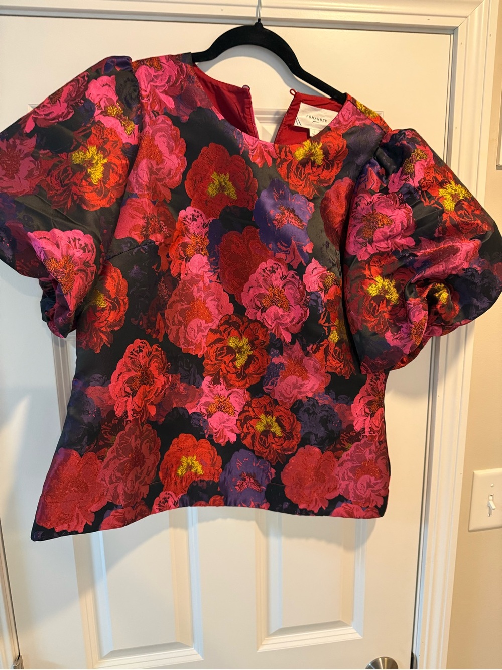 Pomander Place Floral Puff-Sleeve Blouse in Multi Pink and Red